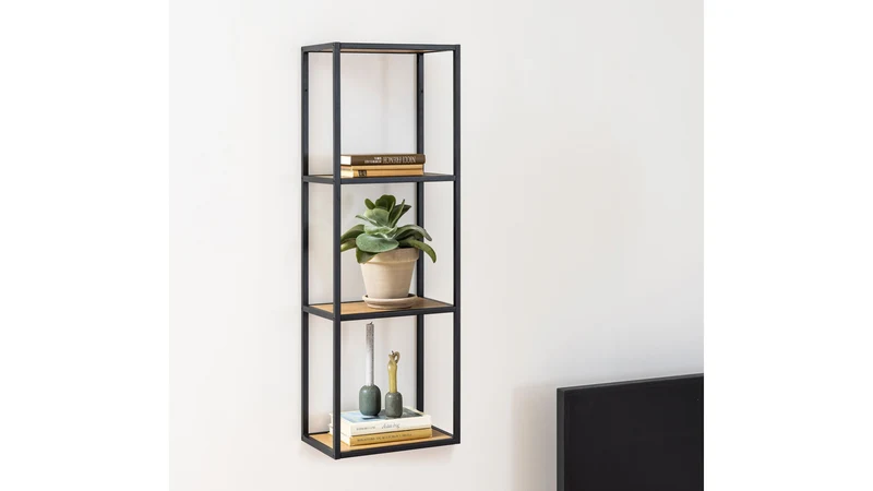 Seaford Wall-Mounted Shelf Unit | Loft Style | Black Frame & Wild Oak | 24x37x108cm