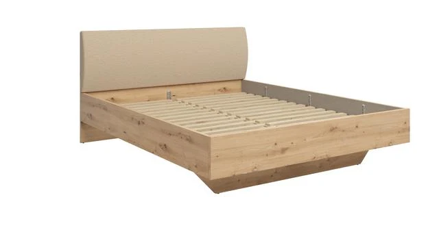 Sindara Bed 180×200 cm – Artisan Oak & Holms 23 Beige Upholstered Headboard (Slatted Base & Mattress Not Included)