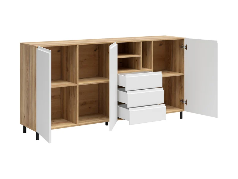Leno Sideboard 180 cm – Mauvella Oak & White Super Matt, 3 Doors, 3 Drawers, Open Niches