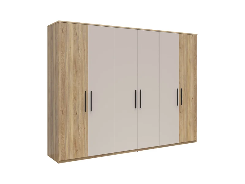 Tabina 6-Door Wardrobe 300 cm – Mauvella Oak & Kashmir, Soft-Close Hinges, Matt Black Handles