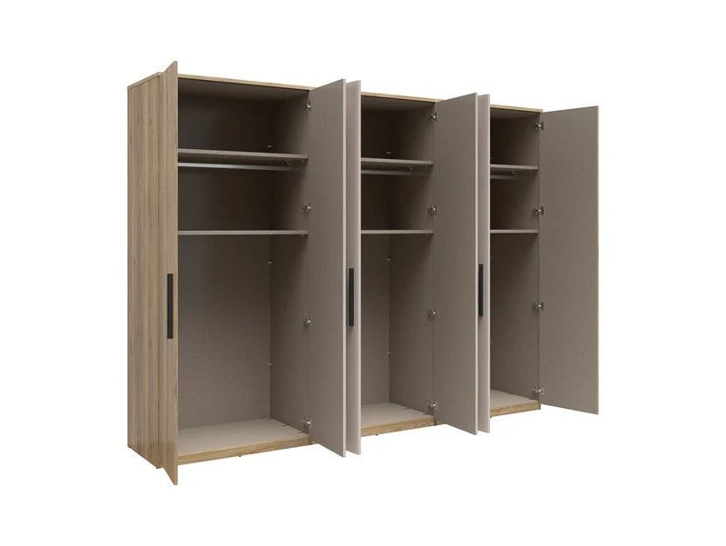 Tabina 6-Door Wardrobe 300 cm – Mauvella Oak & Kashmir, Soft-Close Hinges, Matt Black Handles
