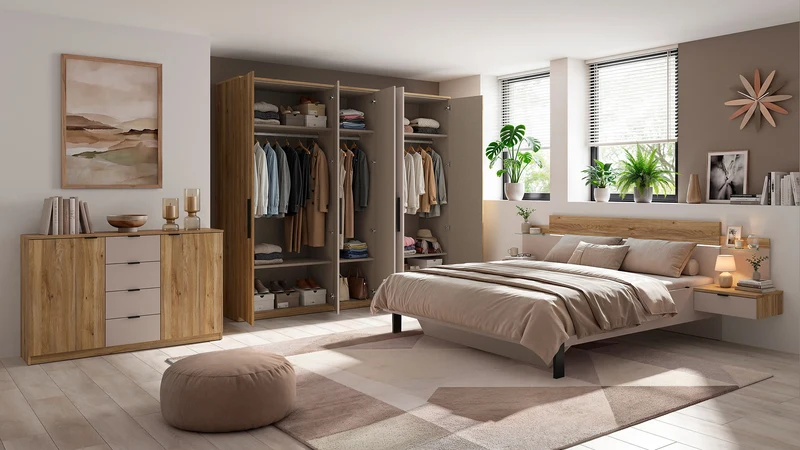 Tabina 6-Door Wardrobe 300 cm – Mauvella Oak & Kashmir, Soft-Close Hinges, Matt Black Handles