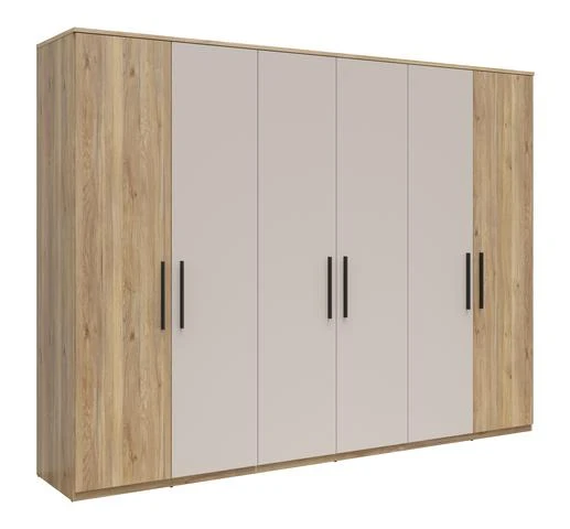 Tabina 6-Door Wardrobe 300 cm – Mauvella Oak & Kashmir, Soft-Close Hinges, Matt Black Handles