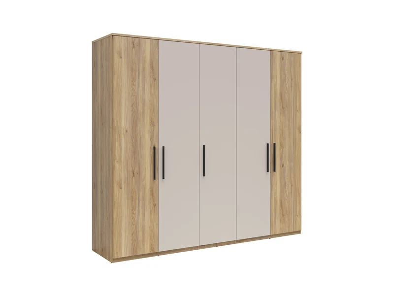 Tabina 5-Door Wardrobe 251 cm – Mauvella Oak & Kashmir, Soft-Close Hinges, Matt Black Handles
