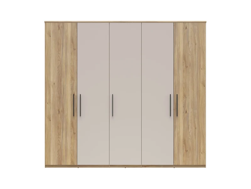 Tabina 5-Door Wardrobe 251 cm – Mauvella Oak & Kashmir, Soft-Close Hinges, Matt Black Handles