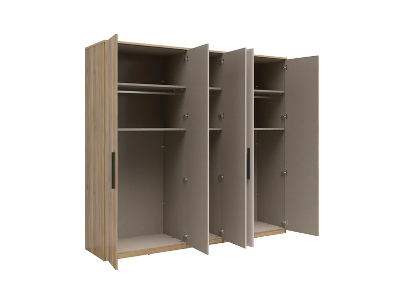 Tabina 5-Door Wardrobe 251 cm – Mauvella Oak & Kashmir, Soft-Close Hinges, Matt Black Handles