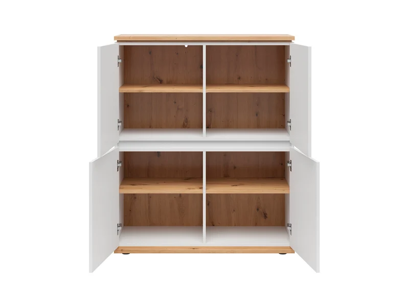 Yamael Tall Cabinet with 4 Drop-Down Doors & Shelves – White Matt & Artisan Oak | Push-to-Open | 100×121×42 cm