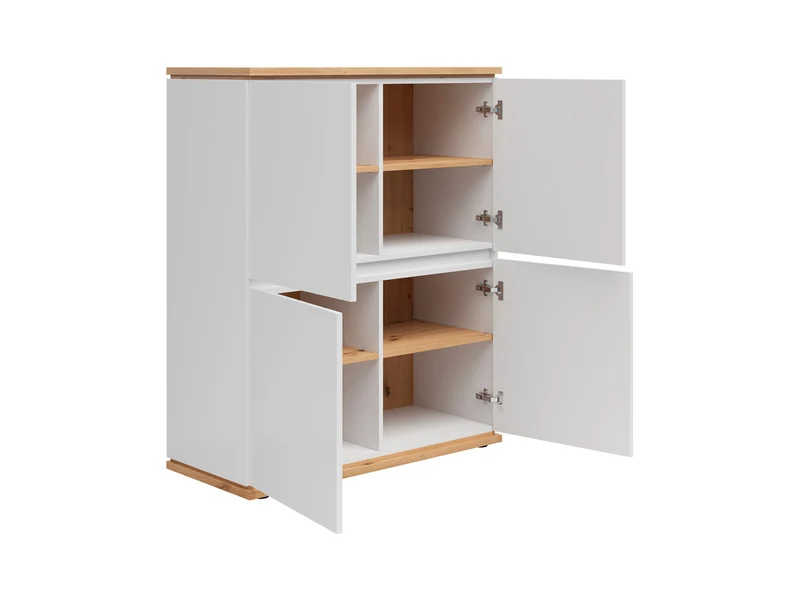 Yamael Tall Cabinet with 4 Drop-Down Doors & Shelves – White Matt & Artisan Oak | Push-to-Open | 100×121×42 cm