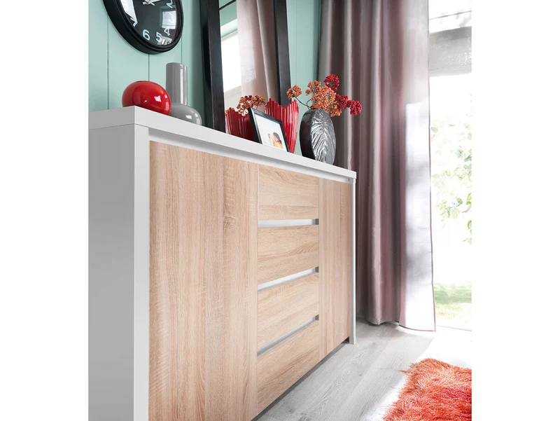 Kaspian Chest of Drawers | White & Sonoma Oak | 2 Doors + 4 Drawers | 143.5×92 cm