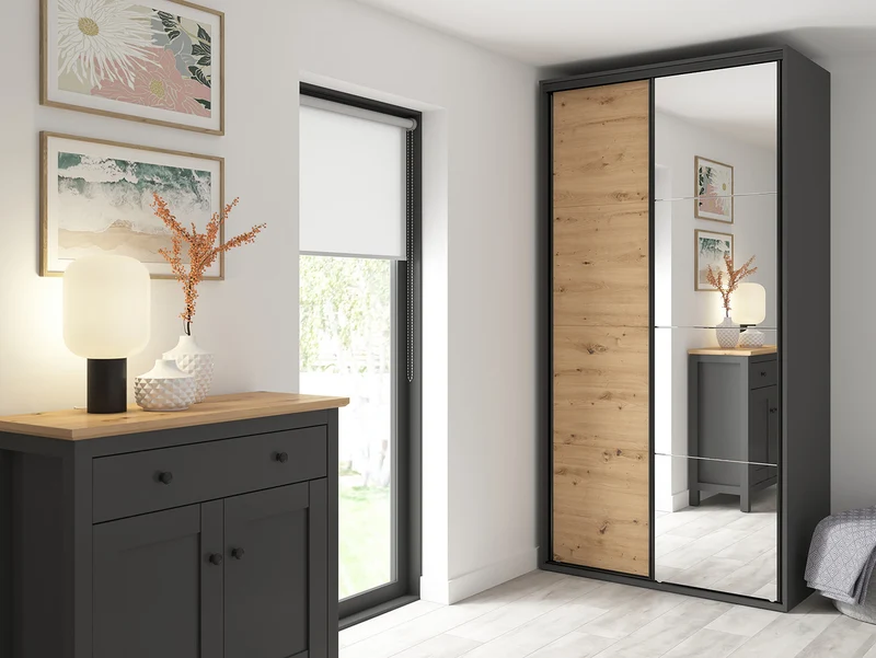 Flex Sliding Door Wardrobe 120 cm | Graphite & Artisan Oak | Mirror | 3 Soft-Close Drawers