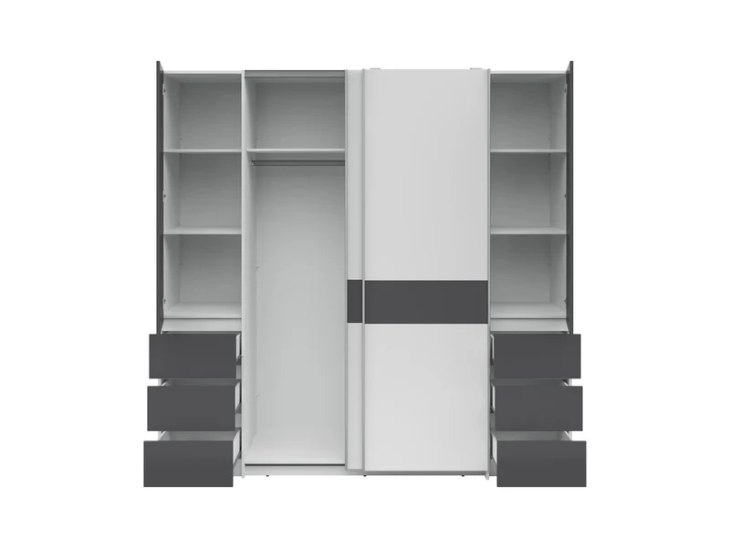 Fabio Wardrobe 215x210 cm – White & Graphite, Sliding + Hinged Doors, 2 Rails & 10 Zones