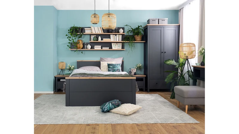 Hesen Bed 140×200 cm – Graphite & Artisan Oak, Tall Headboard, 1 Drawer