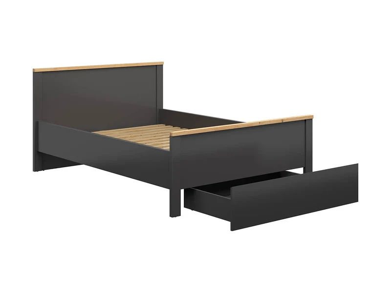 Hesen Bed 140×200 cm – Graphite & Artisan Oak, Tall Headboard, 1 Drawer
