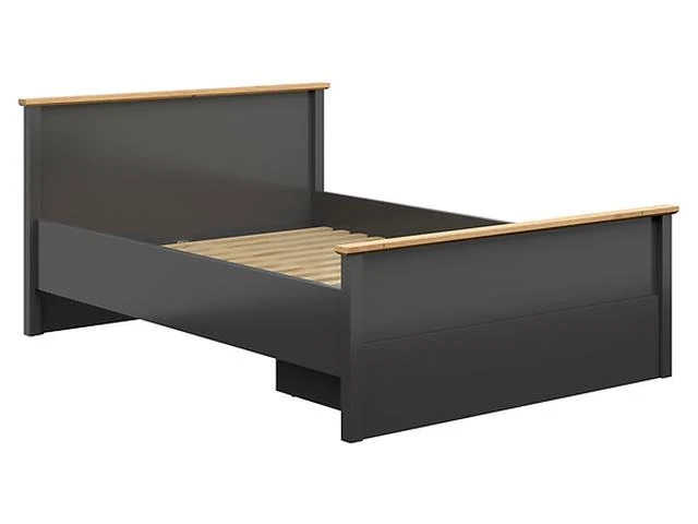 Hesen Bed 140×200 cm – Graphite & Artisan Oak, Tall Headboard, 1 Drawer