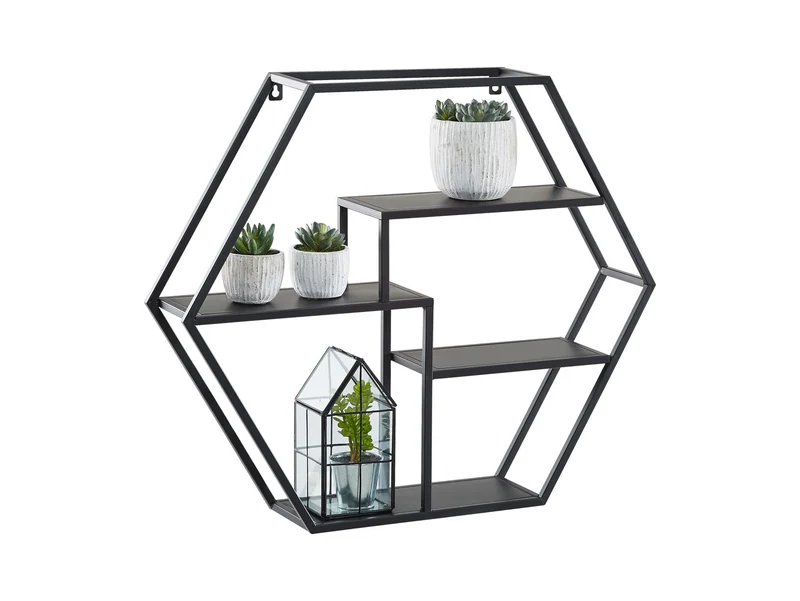Kai Hexagonal Wall Shelf 60 cm – Black | Loft-Style Display Shelf
