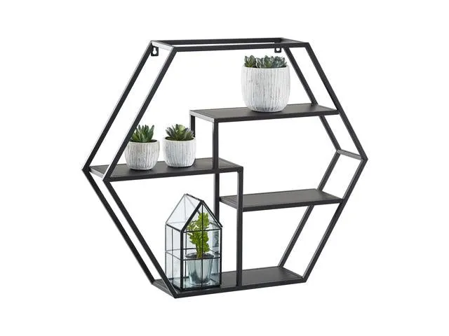 Kai Hexagonal Wall Shelf 60 cm – Black | Loft-Style Display Shelf