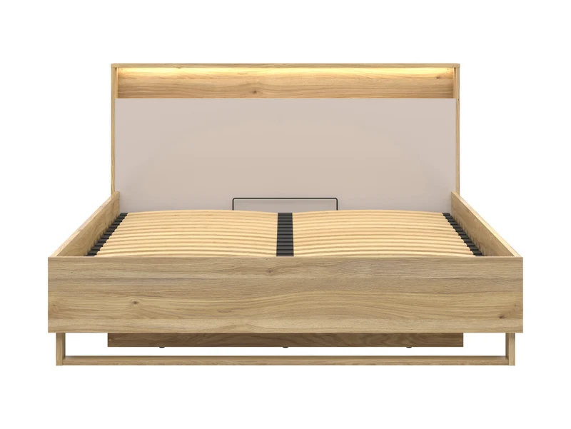 Dalva Bed 160 — Japandi Style, LED Headboard with USB, Gas Lift Storage, Mauvella Oak & Kashmir