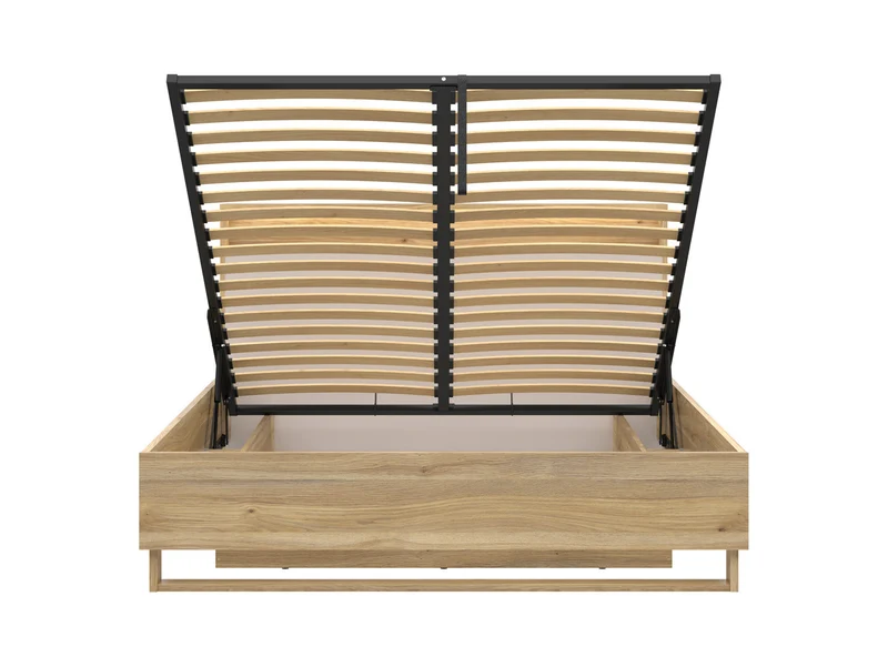 Dalva Bed 160 — Japandi Style, LED Headboard with USB, Gas Lift Storage, Mauvella Oak & Kashmir