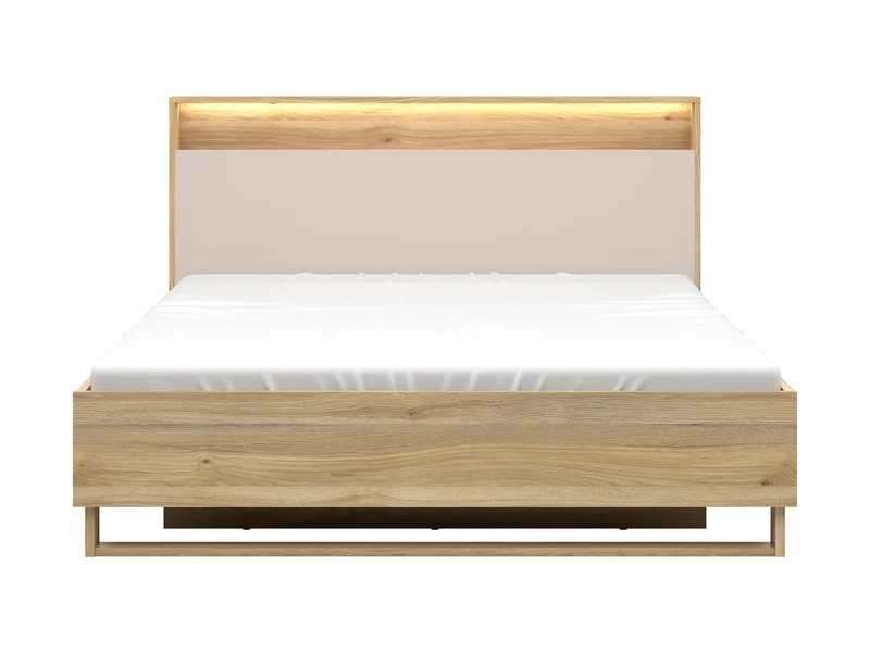 Dalva Bed 160 — Japandi Style, LED Headboard with USB, Gas Lift Storage, Mauvella Oak & Kashmir