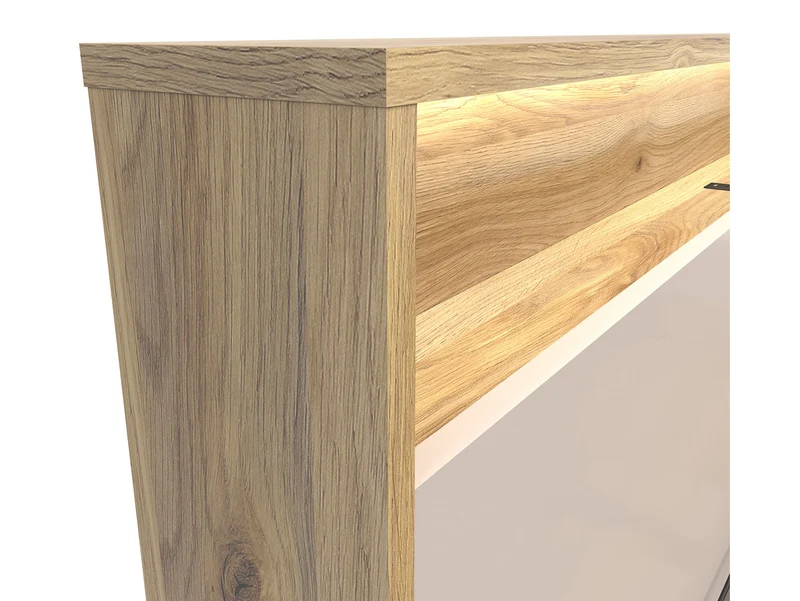 Dalva Bed 160 — Japandi Style, LED Headboard with USB, Gas Lift Storage, Mauvella Oak & Kashmir