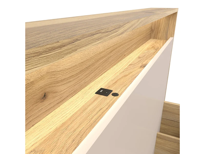Dalva Bed 160 — Japandi Style, LED Headboard with USB, Gas Lift Storage, Mauvella Oak & Kashmir