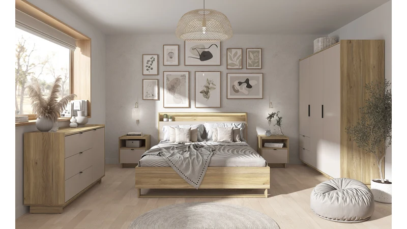 Dalva Bed 160 — Japandi Style, LED Headboard with USB, Gas Lift Storage, Mauvella Oak & Kashmir