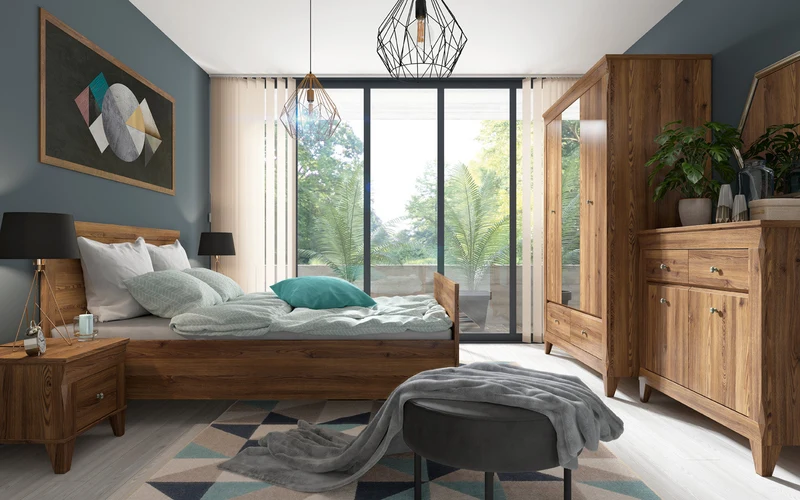 Bergen Bed 140 — Tall Headboard, Geometric Detail & Angled Legs, Golden Sibiu Larch