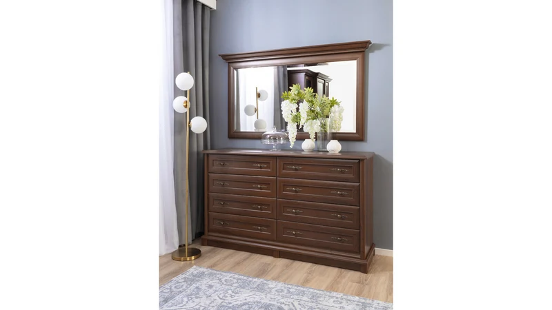 Kent Wide Chest of Drawers — 8 Drawers, Carved Fronts & Jewel Handles, Chestnut