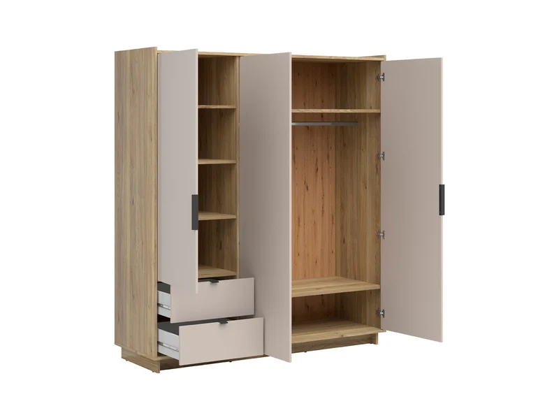 Dalva Wardrobe — 3 Doors, 2 Drawers, Hanging Rail & Shelves, Japandi Style, Mauvella Oak & Kashmir