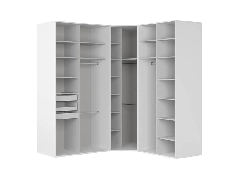 Flex Corner Wardrobe — Open, 5 Rails, Drawers & Shelves, White, 223×240×203cm