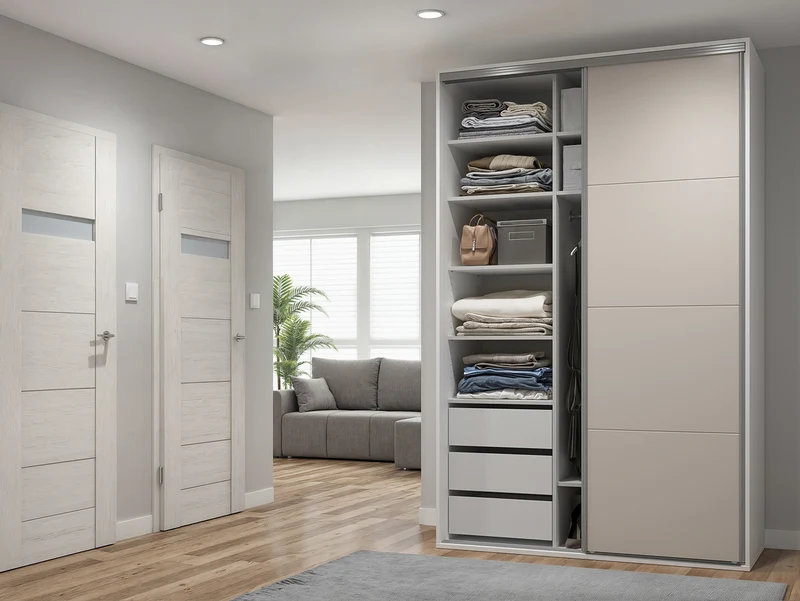 Flex Sliding Wardrobe 150 cm with Mirror – White & Cashmere