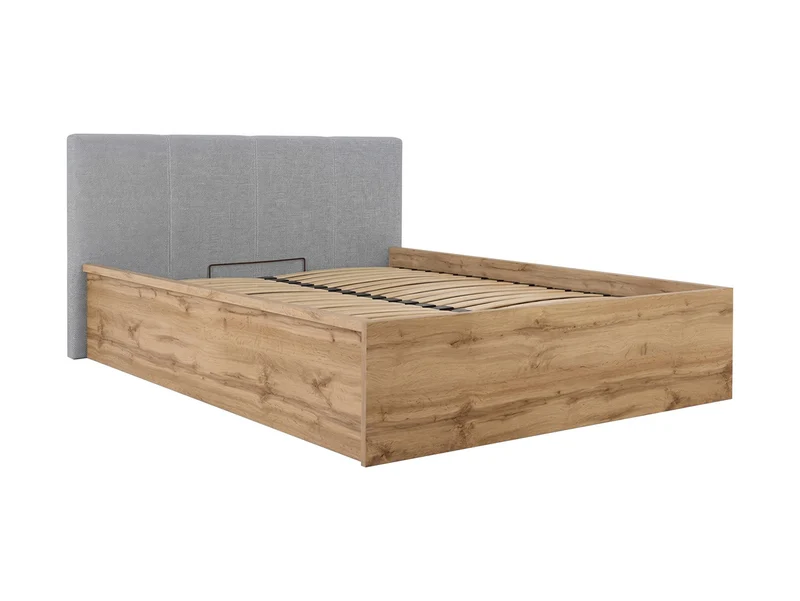 Tetrix Double Bed 160x200 cm – Wotan Oak & Grey Upholstered Headboard | Storage
