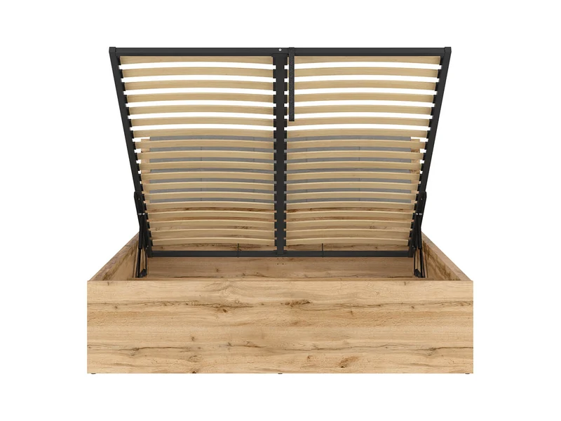 Tetrix Double Bed 160x200 cm – Wotan Oak & Grey Upholstered Headboard | Storage