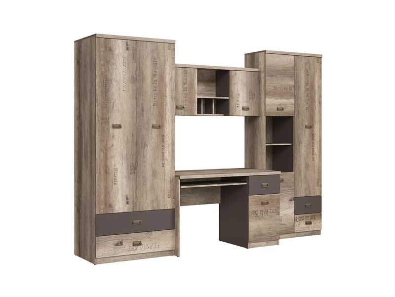 Malcolm Youth Room Wall Unit Set | Desk, Wardrobe & Shelving | Monument Oak & Tungsten Grey | 280cm