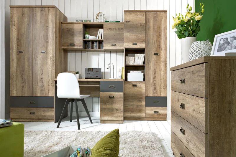 Malcolm Youth Room Wall Unit Set | Desk, Wardrobe & Shelving | Monument Oak & Tungsten Grey | 280cm