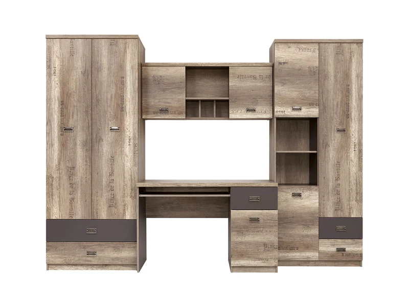 Malcolm Youth Room Wall Unit Set | Desk, Wardrobe & Shelving | Monument Oak & Tungsten Grey | 280cm