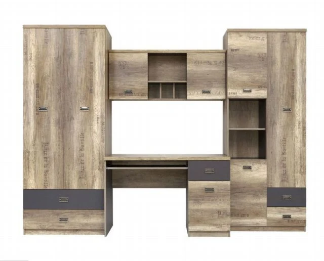 Malcolm Youth Room Wall Unit Set | Desk, Wardrobe & Shelving | Monument Oak & Tungsten Grey | 280cm