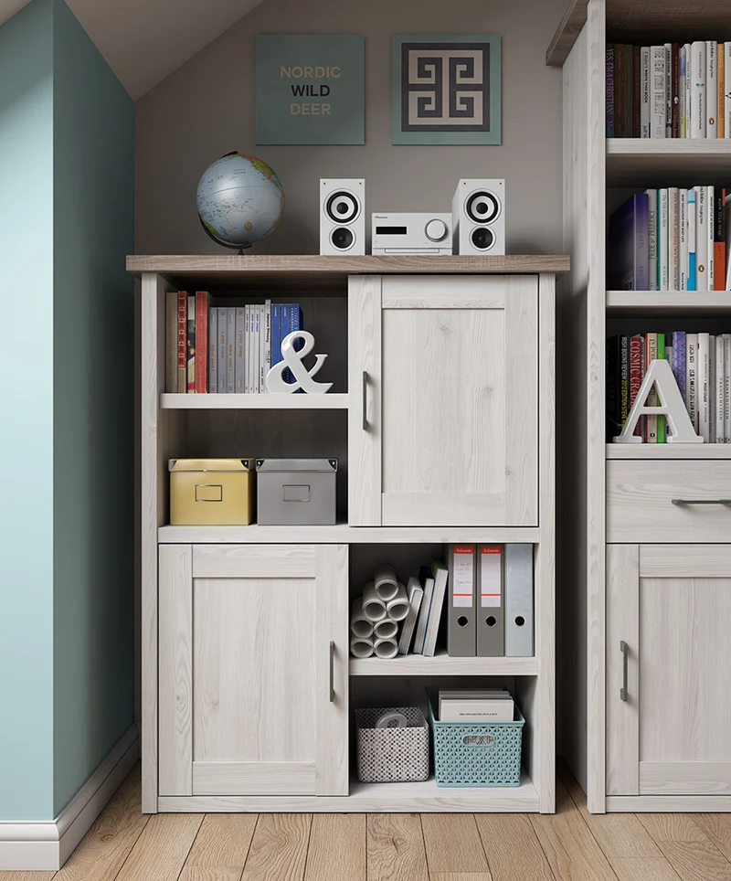 Luca Juzi Bookcase with 2 Doors & Open Shelves | Light Sibiu Larch & Dark Sonoma Oak | 106x135cm