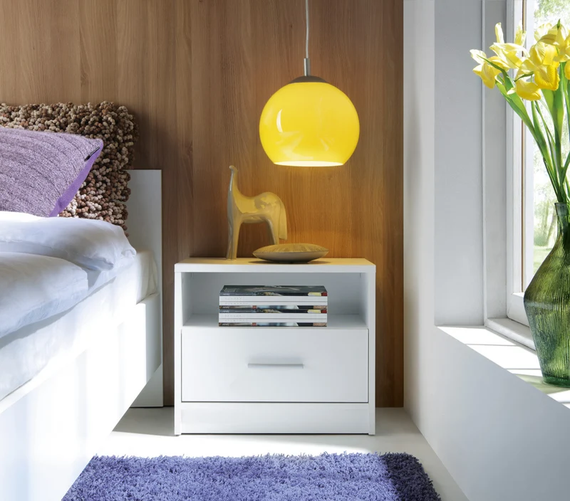 Nepo Plus Bedside Table with Drawer & Open Shelf | White | 49.5x42.5cm | Scratch-Resistant
