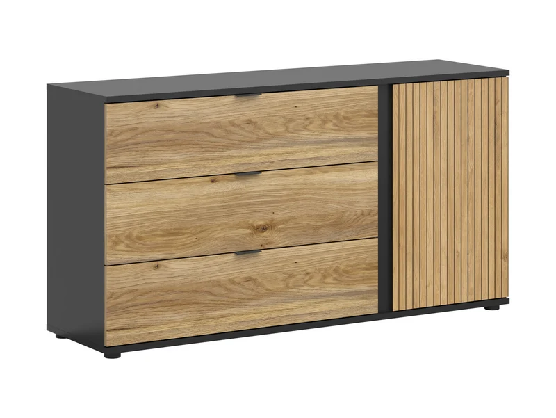 Luen Sideboard 143.5 cm – Black & Mauvella Oak, 3 Drawers, Door with Printed Lamella, Contemporary Loft