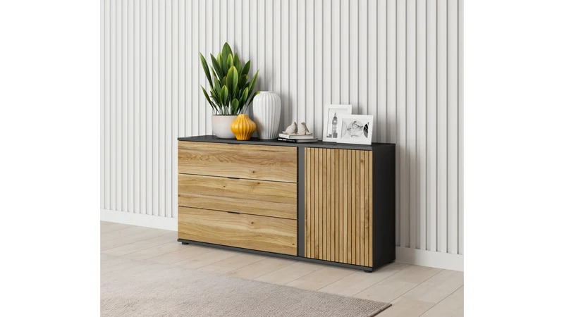 Luen Sideboard 143.5 cm – Black & Mauvella Oak, 3 Drawers, Door with Printed Lamella, Contemporary Loft