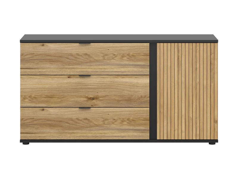 Luen Sideboard 143.5 cm – Black & Mauvella Oak, 3 Drawers, Door with Printed Lamella, Contemporary Loft