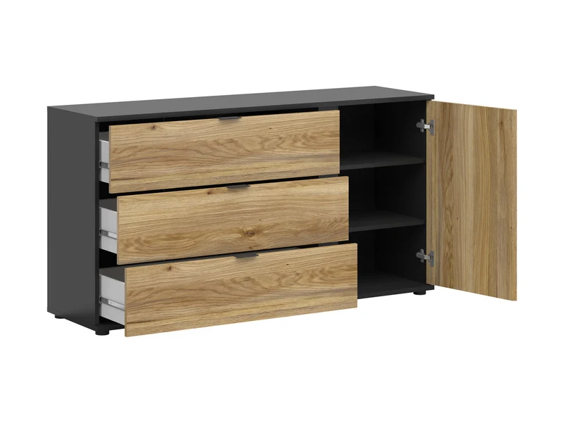 Luen Sideboard 143.5 cm – Black & Mauvella Oak, 3 Drawers, Door with Printed Lamella, Contemporary Loft