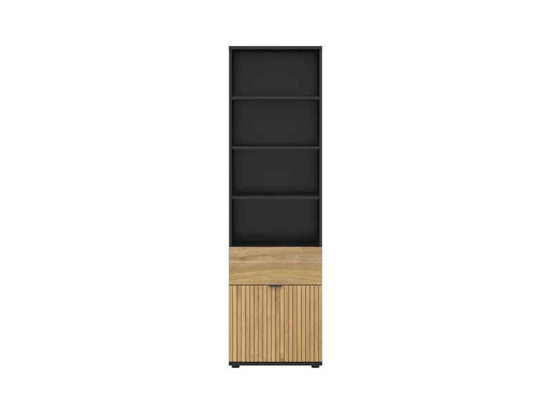 Luen Display Cabinet & Bookcase – Black & Mauvella Oak | Lamel Door, Drawer & Open Shelves | Soft-Close | 57×196×39.5 cm
