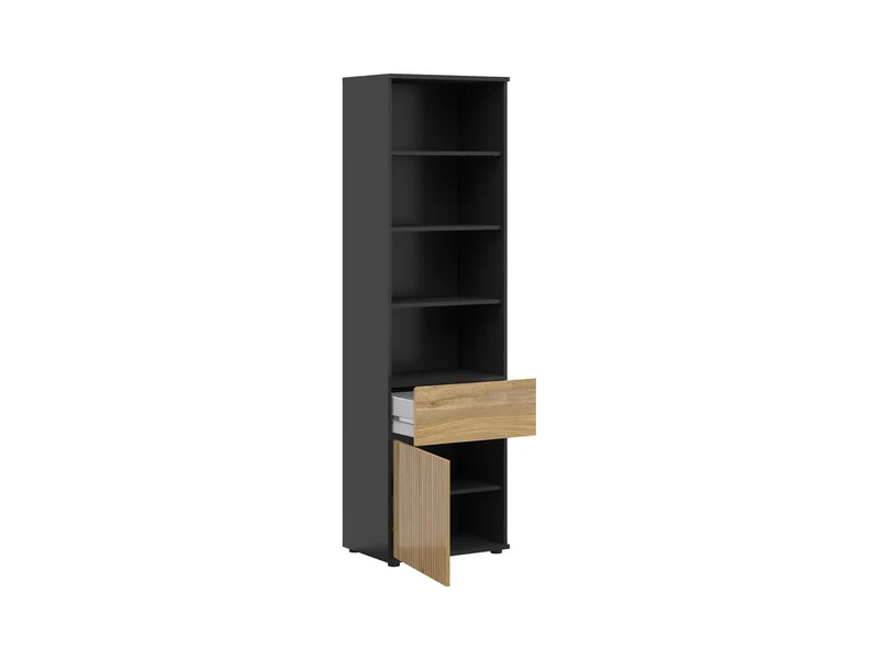 Luen Display Cabinet & Bookcase – Black & Mauvella Oak | Lamel Door, Drawer & Open Shelves | Soft-Close | 57×196×39.5 cm