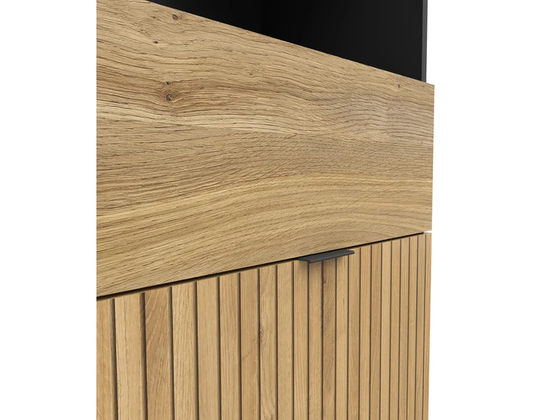 Luen Display Cabinet & Bookcase – Black & Mauvella Oak | Lamel Door, Drawer & Open Shelves | Soft-Close | 57×196×39.5 cm