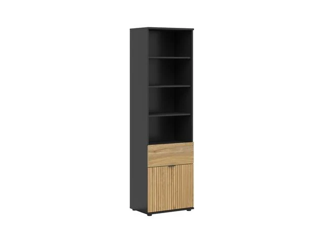 Luen Display Cabinet & Bookcase – Black & Mauvella Oak | Lamel Door, Drawer & Open Shelves | Soft-Close | 57×196×39.5 cm