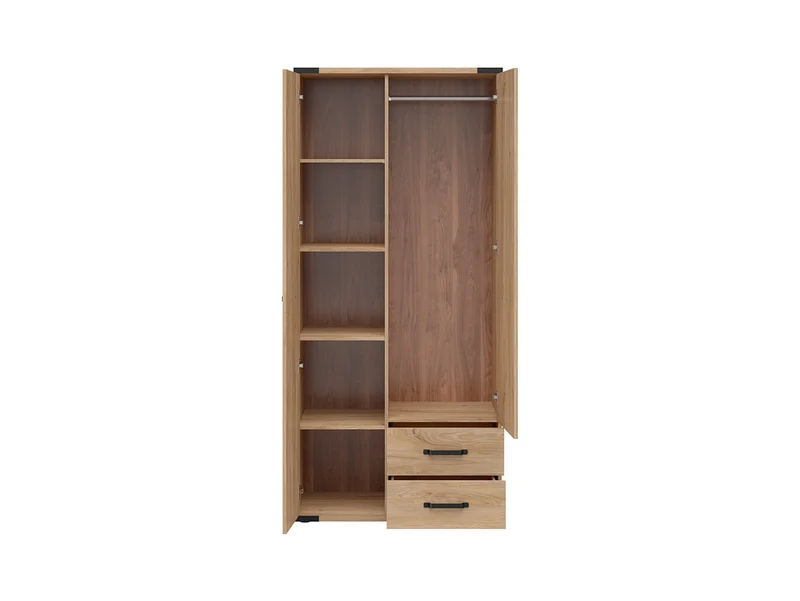 Lara 2-Door Wardrobe | Belarus Ash | Rail + Shelves + 2 Drawers | Soft-Close | 90×197.5 cm