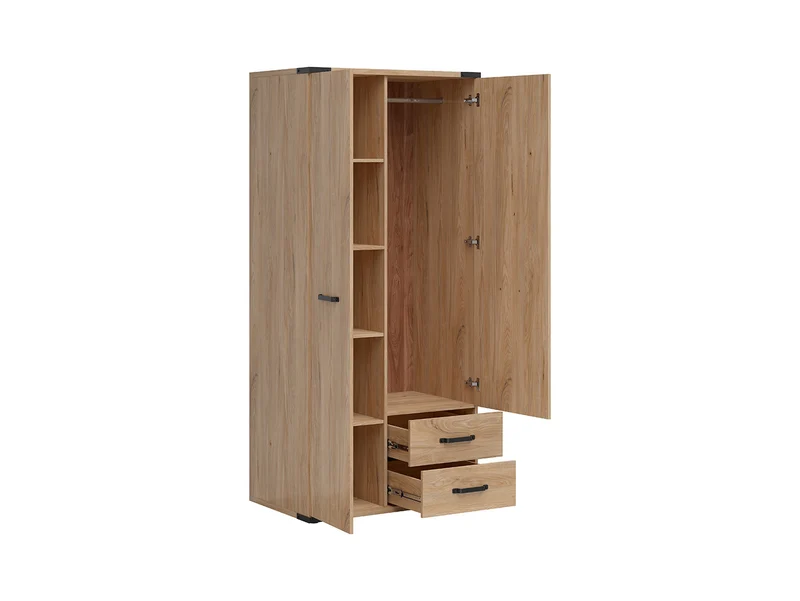Lara 2-Door Wardrobe | Belarus Ash | Rail + Shelves + 2 Drawers | Soft-Close | 90×197.5 cm