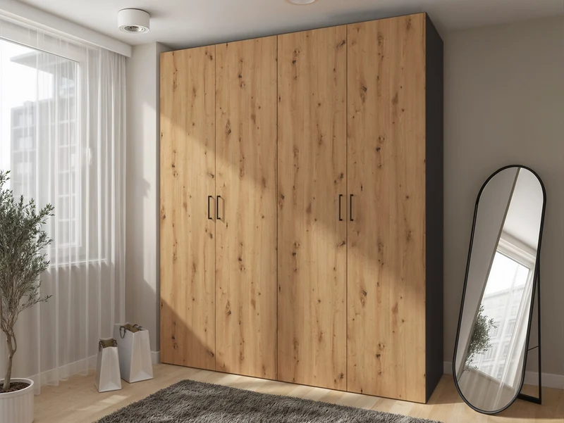 Flex Modular Wardrobe 200cm — 4 Doors, 14 Shelves, 3 Rails & 3 Soft-Close Drawers, Graphite & Artisan Oak